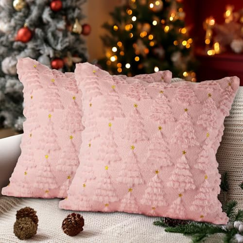 Lanpn 2 Stück Kissenbezug Weihnachten Kissenhülle 40x40 cm, Winter Stern Weihnachtsbaum Dekorative Weihnachtskissen für Home Wohnzimmer Schlafzimmer Couch Bett Sofa Dekor Weihnachtsdeko (Rosa)