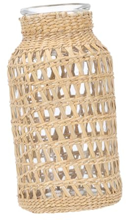 ZUNOXAZ Handmade Rattan Woven Glass Vase Creative Desktop Decor Rustic Flower Pot for Home Plant Arrangement Multifunctional Storage Basket for Living Office Gift