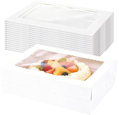 15 Pack 14x10x4 Cake Boxes with Boards Rectangle Quarter Sheet Cake Boxes 1/4 Sheet Bakery Box with Window for Pastry Baking Cake Cupcakes Donuts Cookies Pie Treat Packaging White Large