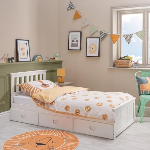 Home Treats White Wooden Bed With 3 Storage Drawers | Low Sleeper Bed For Adults Kids Teenagers (No Mattress)
