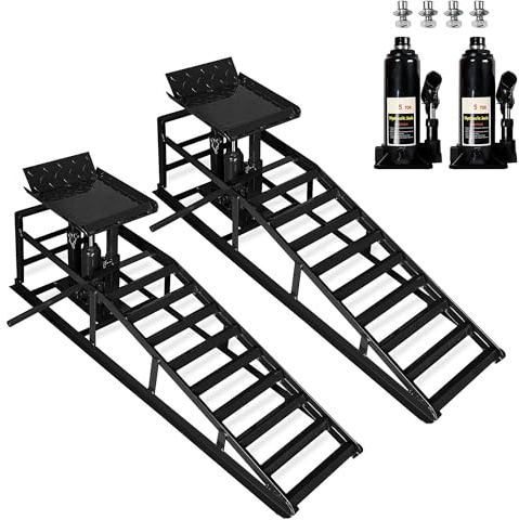 TEOV 2 Stück 5 Tonnen Hydraulische Auffahrrampe mit Wagenheber, Höhenverstellbar von 25-38,5 cm, Hochleistungs Hydraulikrampe für Heimgarage Hebebühne Auto Fahrzeugwartung (Schwarz)
