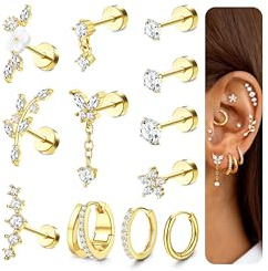 LOLIAS Hypoallergenic Cartilage Earrings for Women Flat Back-16G 18G 20G Cartilage Earring Stacks-Surgical Steel Earrings for Sensitive Ears-316L Stainless Steel Flatback Studs Hoop Earring Sets for Multiple Tragus Conch Daith Helix Piercing Jewelry Single PC 20G Butterfly Chain Helix Earrings 14K Gold Plated