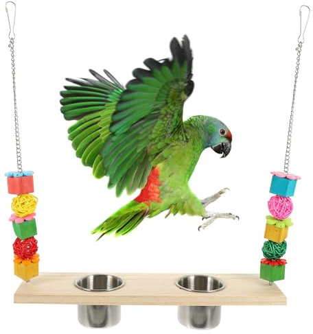 SHINEOFI Juguete de Loro Columpio con Taza de Comida Desmontable, Material Seguro y Natural, Tamaño Mediano, para Jaula de Loros, Adecuado para Periquitos y Cacatúas en Aviarios Domésticos