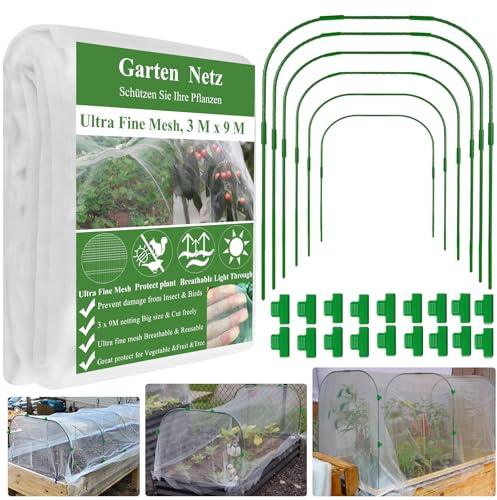 WYRJXYB Pflanztunnel Bögen Kit,3X9M Gartennetz,6 Sets 84x102cm Rostfreier Stahl Tunnelbögen mit 18 Clips,Folientunnel Pflanz Tunnel für Netz Pflanz Abdeckung Hochbeet, Gemüsenetz,Obst