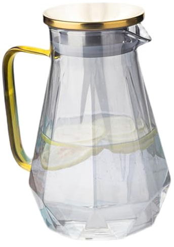 Jarra de vidrio con tapa, botella de agua de vidrio de diamante moderna de 2 litros con boquilla y asa, jarra de jugo resistente al frío/calor para agua fría y caliente, botella de té