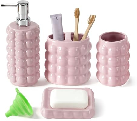 Keramik Badezimmer-Accessoires Set 4-teilig,Seifenspender Zahnbürstenhalter Becher Seifenschale,Bad Accessoires Set mit Kieselstein-Struktur,Modernes Waschbecken Waschtisch Badezimmer (Rosa)
