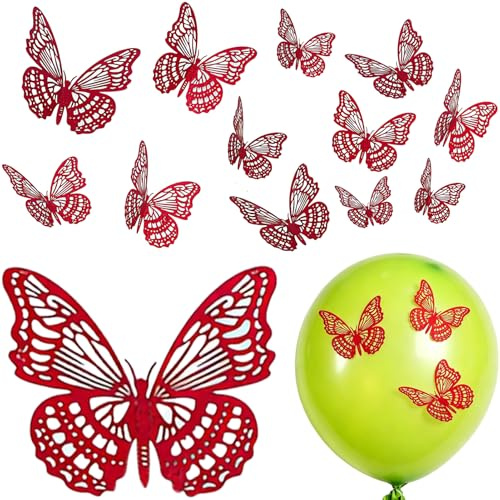 FHUZRE 12 Piezas Mariposa Decoracion Pared 3D, Decoración Fiesta Cumpleaños Pegatinas Pared Decorativas Mariposa 3 Tamaños, Adornos para Mariposas Papel Salon Dormitorio(Rojo)