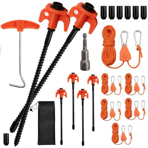 YYSWSAKY 6x Schraub Heringe Camping 20cm & 6x Ratchet Hanger 4m Set | Drehbare Zeltheringe Sturmsicher Erdnagel | 1/8'' Metall Einstellbare Outdoor Seil mit Ratsche | Camping Heringe Set | Zeltzubehör