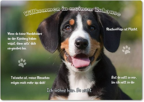 Merchandise for Fans Blechschild/Warnschild/Türschild - Aluminium - 15x20cm - - Willkommen in Meinem Zuhause - Motiv: Entlebucher Sennenhund - 19