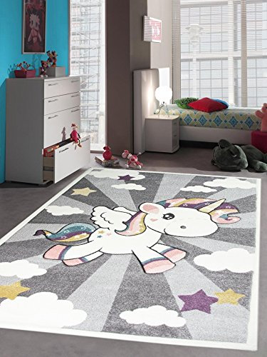Kinderteppich Spielteppich Babyteppich mit Einhorn Regenbogen in Grau Creme Größe 80x150 cm