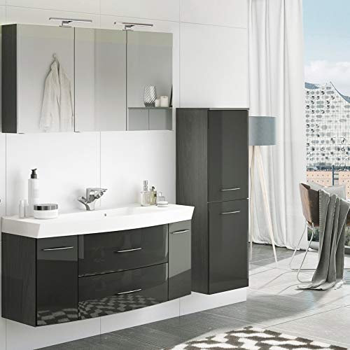 Lomadox Badezimmer Waschplatz Set in Hochglanz grau, 120cm Waschtisch mit Unterschrank inkl. Waschbecken, 3D Spiegelschrank mit 2 LED-Leuchten & Steckdose, Midischrank mit 2 Türen, Made in Germany