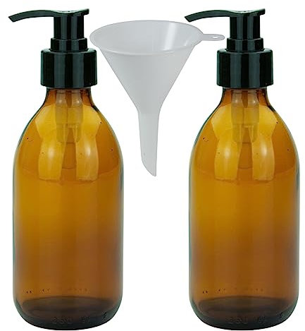 mikken Set di 2 distributori di sapone in vetro marrone 250 ml – dispenser di lozioni ricaricabili e bottiglie di pompa, senza BPA, per sapone, disinfettante, detersivo, detersivo, shampoo con imbuto