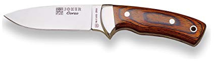Joker Cuchillo montero Corzo CR23, con funda de cuero marrón, con cachas de madera roja prensada y hoja MOVA de 10 cm, herramienta de pesca, caza, camping y senderismo
