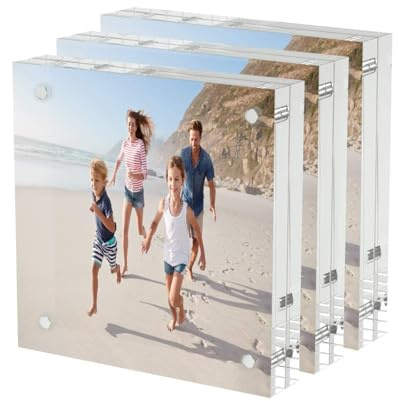 AITEE 4x4 Acrylic Picture Frames 3 Pack, 20% Thicker Block, Clear Picture Frames Freestanding Double Sided Magnetic Acrylic Lucite Frameless Transparent Square Frame Gift for Desktop Display