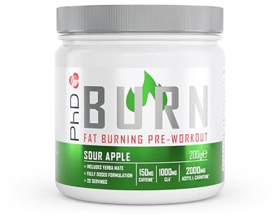 PhD Burn Pre Workout Powder with L Carnitine for Women and Men, Rich in CLA, High Caffeine for pre-Workout, Sour Apple Flavour, 20 Servings (200g)