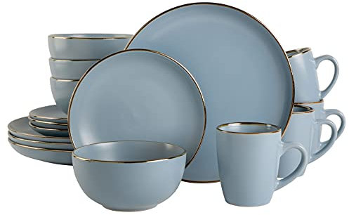 Gibson Home, Vajilla de 16 piezas Rockaway Gold, azul mate