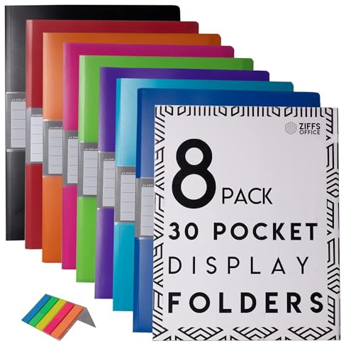 8 x 30 Pocket A4 Display Folders - A4 Display Folders with Plastic Pockets - A4 Folder - Display Book - Presentation Folders - 250 Sticky Labels Included - Project Folder - British Brand