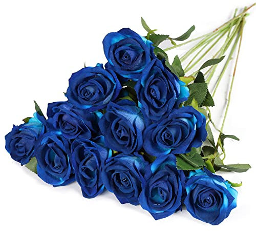 12STK Künstliche Rosen Blumen Realistische Seidenblumen Rosen Bulk Blumenstrauß Dekoration Hochzeitsstrauß Hausgarten Blumenarrangement, Dunkelblau