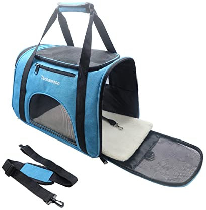 Tecageaon Soft Pet Carrier Cat Carrier Dog Carrier for Small Dogs Cats Kitten Dogs Puppies,Escape-Proof,Airline Approved for Travel,Breathable,5 Mesh Windows (Medium,Blue)