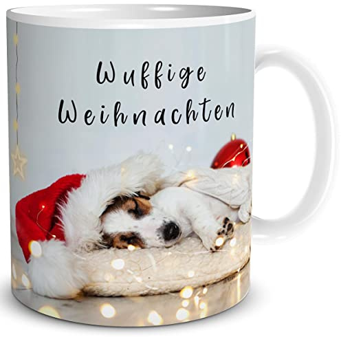 TRIOSK Lustige Weihnachtstasse Hund mit Spruch Wuffige Weihnachten! - Witziges Hundemotiv als Geschenk für Hundeliebhaber, Hundebesitzer, Frauen & Männer - Keramik-Tasse 300 ml