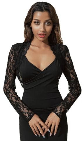 Unicra Women Lace Bolero Shrug for Dresses Elegant Floral Lace Shrug Top Open Front Sheer Long Sleeve Cropped Cardigan (M (8-10), Black)