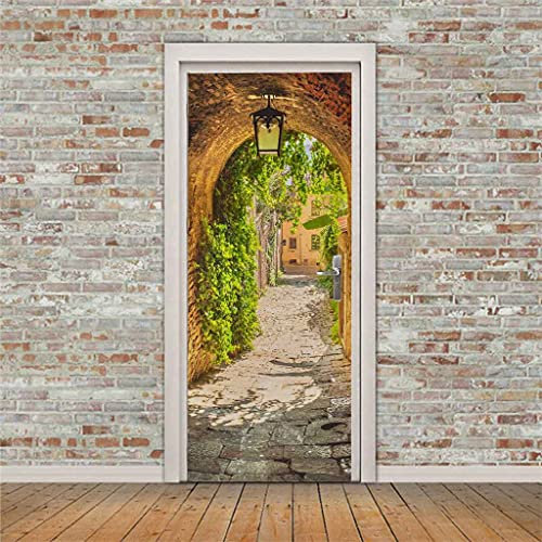 CBWRAW 3D Türtapete Türposter Wandbild Applikationen Selbstklebend Vinyl Grüne Gebäudestraße Abnehmbare Türaufkleber Für Innentür Wohnzimmer Küche Schlafzimmer Badezimmer Kinderzimmer 77x200cm