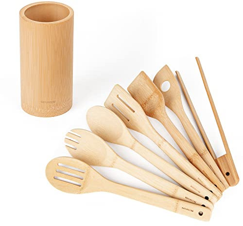 Naturoom Kitchen Utensils Set of 8 PCS, 12Inches Bamboo Wooden Cooking Spoon & Spatula Tools Perfect for Non-Stick Cookware (Bamboo 12inches)