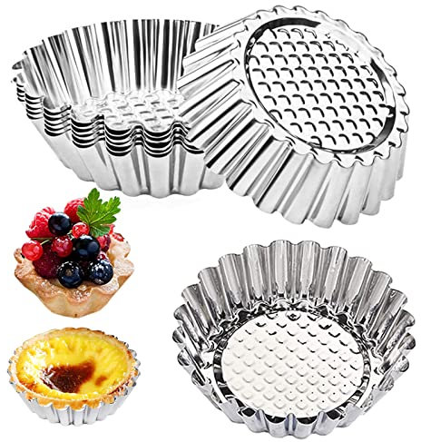 NCOALE Tart Tins, 8PCS Stainless Steel Non Stick Egg Tart Mould, Fluted Round Pie Tin for Baking Quiche Pie Egg Tart Tartlet Pudding Cake Baking Tool (3.7inch)