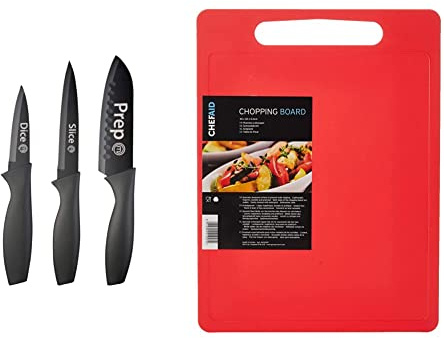 MasterChef Knife Set of 3 Kitchen Knives (Chef, Paring & Utility) Professional, Extra Sharp, Essential Collection 3 Piece, Black & Chef Aid Red Poly Chopping Board, Measuring 40 x 30 x 0.4 cm