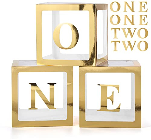 Voircoloria 1st Birthday Decorations for Boys - 3pcs Boxes with One & Two Letter Props for Photoshoot & Party (Gold)