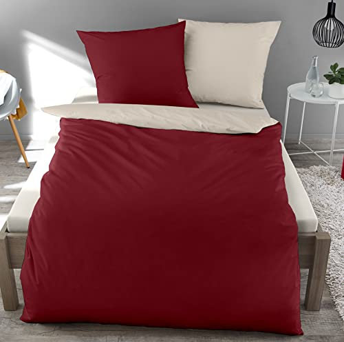 *** Dormisette Mako-Satin Wende Bettwäsche Made in Germany 135x200 80x80 Uni mit Reißverschluss (einfarbig Rubin-Creme rot Natur) ***