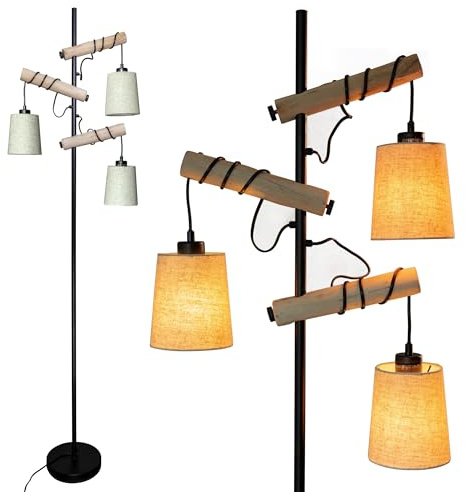 Osasy Braun Vintage Stehleuchte aus Holz, 3 Lampenschirme, Retro Standleuchte, Wohnzimmer im Industriedesign, aus Metall und Holz Stehlampen, Höhe: 178 cm,ohne Glühbirne