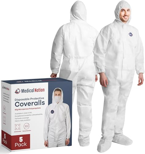 Medical Nation Hazmat Suits Disposable | 5 Pack, Large | Protective Coveralls with Attached Hood and Boots | Heavy Duty Full Body Painters Suit for Adults - Breathable & Water Resistant | Large