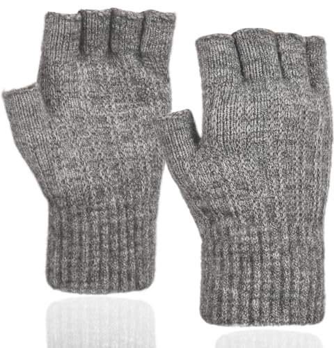 QICEDER Fingerlose Handschuhe, Winter Warme Strickhandschuhe für Arbeiten, Camping, Wandern, Laufen, Radfahren, Fahren - Herren und Damen Halb Finger Handschuhe (Grau)