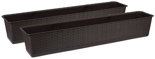 Tymar Jardineras con plato, 2 unidades, ratán, jardineras para balcón, jardineras de plástico, jardín, balcón, terraza (2 unidades, marrón, 50 cm)