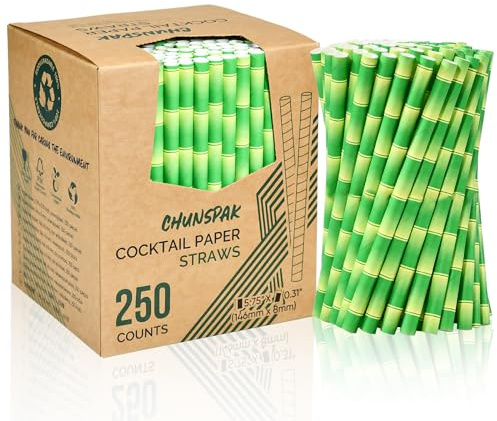 Biodegradable Green Bamboo Paper Drinking Straws 14.6cm x 8mm Wide - Pack of 250 - For Short Drinks, Cocktails, Smoothies, Milkshakes