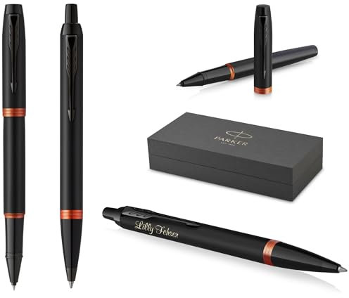 Parker IM Professionals Vibrant Rings Set Tintenroller und Kugelschreiber mit Gravur | Premium Stift | Geschenkbox | personalisiertes Geschenk | Namen | graviert | Geburtstag (Orange PVD)