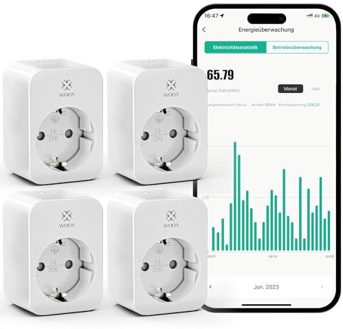 WOOX Smart WLAN Steckdose Alexa 4er pack mit Strommessung 16A, TÜV zertifiziert, Sprachsteuerung, Zeitschaltuhr & Timer, funktioniert mit Tuya APP, Alexa, Google Home, Nur 2.4GHz WIFI