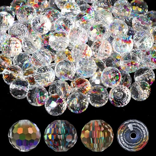 100pcs Large Briolette Crystal Glass Beads for Jewelry Making, Shiny AB Color 10mm Round Faceted Sparkling Rondelle Spacer Beads