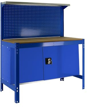Simon Rack Banco de Trabajo Taller, Capacidad Carga 400 kg, 1445x910x610 mm, Mesa de Trabajo, Guarda Herramientas, Azul/Madera - BT3