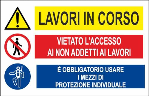 M-ITALY CARTELLO SEGNALETICO - MULTISIMBOLO LAVORI IN CORSO CON DIVIETO E OBBLIGO - Adesivo Extra Resistente, Pannello in Forex, Pannello In Alluminio (30x42, Alluminio)