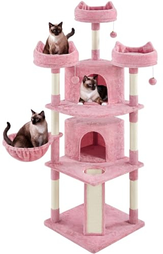 Yaheetech Arbre a Chat XXL Geant 175 cm avec Griffoir Arbre à Chat Design Arbre à Gratter Tour de Jeux avec 2 Grottes Spacieux 3 Plateformes Planche à Gratter Rose