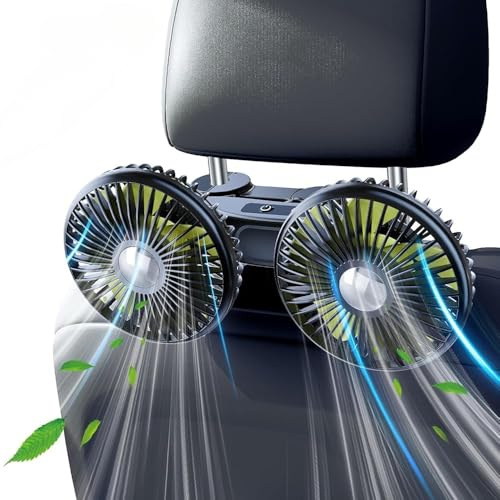 nediea Ventilador de coche para asiento trasero de 2000 mAh, ventiladores de asiento trasero, ventiladores de aire de refrigeración USB de doble cabeza ajustables, ventiladores portátiles para coche