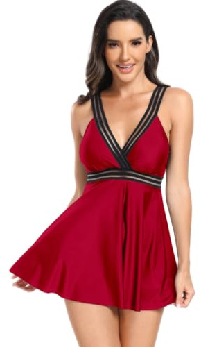 Tankini Maillot de Bain Femme 2 Pièces Robe Élégante Sexy Maillot de Bain Jupette Amincissant Slim Col V avec Short Taille Haute Jupe de Bain Push Up Robe de Plage Beachwear Swimwear Set