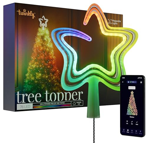 Twinkly Tree Topper, Puntale Albero di Natale Luminoso, Puntale a Stella con 74 LED RGB Mappabili, USB Tipo C, Luci LED Smart Multicolore, Compatibile con Alexa e Google Home, Controllato da App