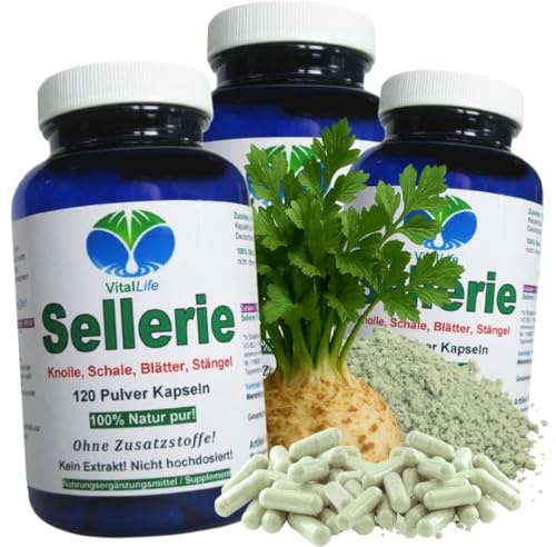SELLERIE 360 (3x120) Kapseln Wurzel Schale Blätter Stängel BLUT Magen LEBER Darm NIEREN Blase VERDAUUNG nach Hildegard von Bingen. 100% NATUR pur. OHNE ZUSATZSTOFFE. 26318-3