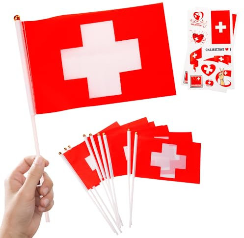 Swiss Flag on Sticks & Tattoos for Oly Games 2024, Sports Events, National Day Party Decorations