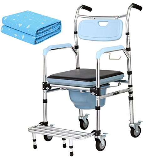 CRBUDY Toilettenrollstuhl, höhenverstellbarer tragbarer Toilettenstuhl, Duschstuhl mit Rädern, Stabiler, Leichter, dick gepolsterter Sitz, Toiletten-Badstuhl für ältere Menschen mit Behin