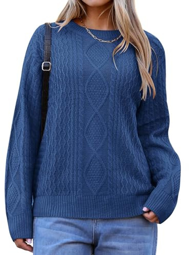 Zeagoo Damen Pullover Herbst Basic Langarm Strickpullover Zopfmuster Elegant Leichter Pullover Bequem Sweatshirt Grobstrickpullover Navy Blau S
