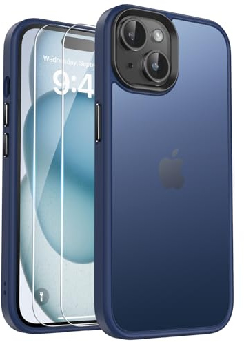 Kmofizle Cover per iPhone 15 e 2 Pellicole in Vetro Temperato, Custodia iPhone 15 Protezione Anticaduta Antiurto di Grado Militare Traslucida Opaca Posteriore Sottile Protettiva Case, Blu